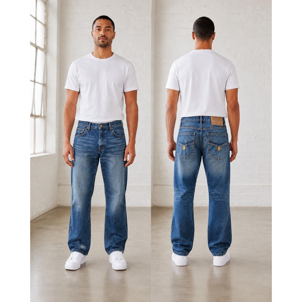 Phat Farm Jeans MENS 42x32 Blue Relaxed Fit Embroidered Pockets Y2K Streetwear
